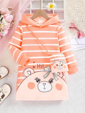 1set Girl Striped Cute Cartoon Animal Print Hoodie Dress With Square Crossbody Bag