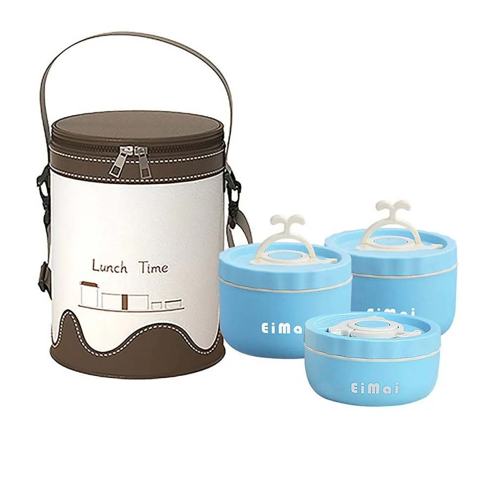 3 pcs Blue  and Brown Stainless Steel Tiffin Set Lunch Box with Insulated Cover for Kids and Adults