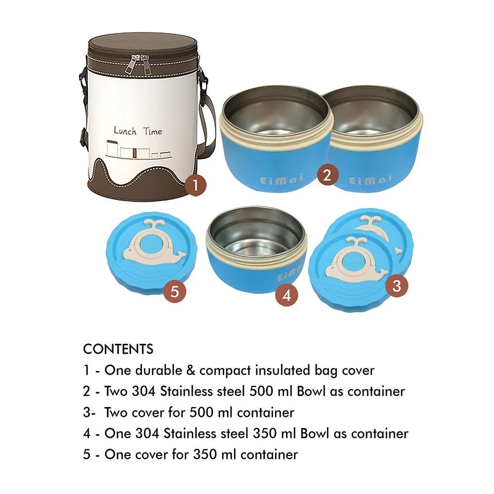 3 pcs Blue  and Brown Stainless Steel Tiffin Set Lunch Box with Insulated Cover for Kids and Adults