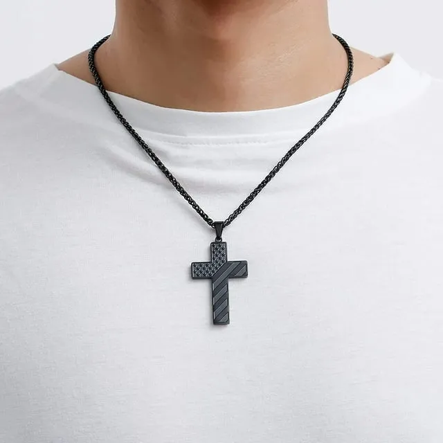 APSVO Black Cross Necklace for Men Bible Verse Stainless Steel American Flag Pendant Chain for Boys Men