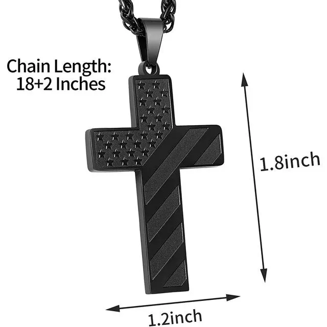 APSVO Black Cross Necklace for Men Bible Verse Stainless Steel American Flag Pendant Chain for Boys Men