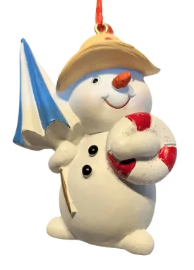 Beach Snowman Ornament Holding Beach Umbrella & Floatie