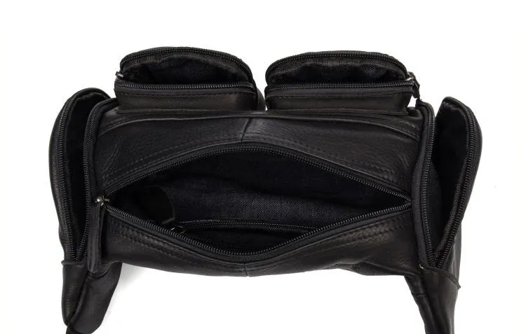 Black Leather Mens Cool Barrel Waist Bag Fanny Pack Hip Pack Cool Bum Bag for men