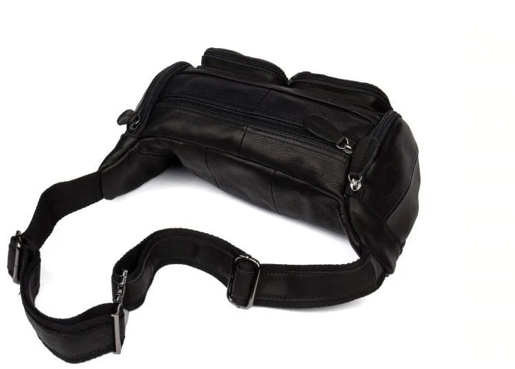 Black Leather Mens Cool Barrel Waist Bag Fanny Pack Hip Pack Cool Bum Bag for men