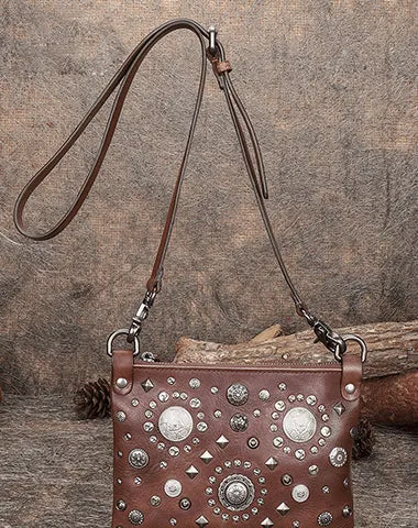 Black Leather Womens Rivets Shoulder Bags Saddle Vintage Slim Crossbody Purse for Women