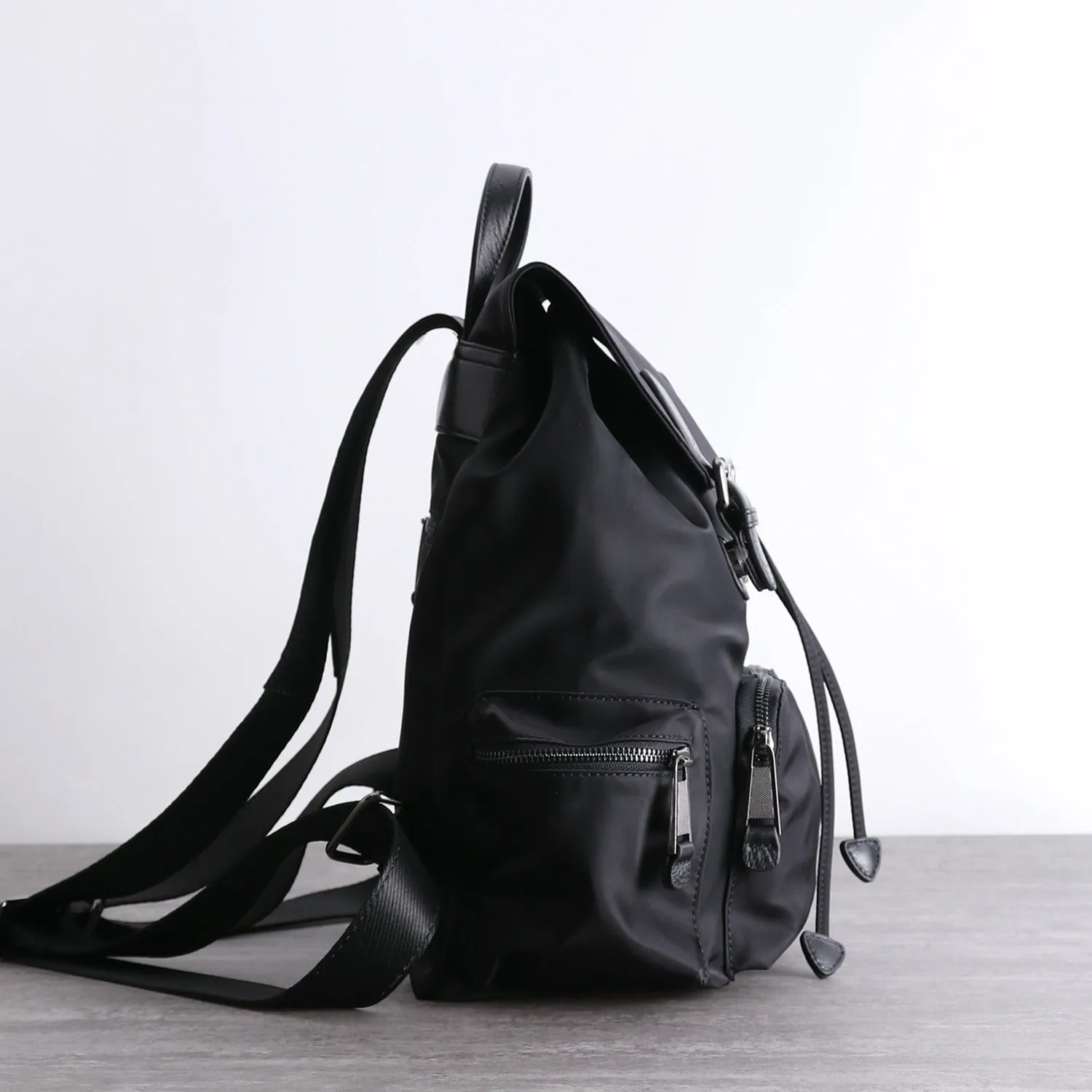 Black Nylon Backpack Womens School Backpacks Purse Nylon Leather Travel Rucksack for Ladies