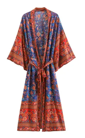 Bohemian Long Kimono, Floral Print Bat Sleeve Beach Bohemian Kimono Robe, Summer Dress Kimono, Boho Cover-Up