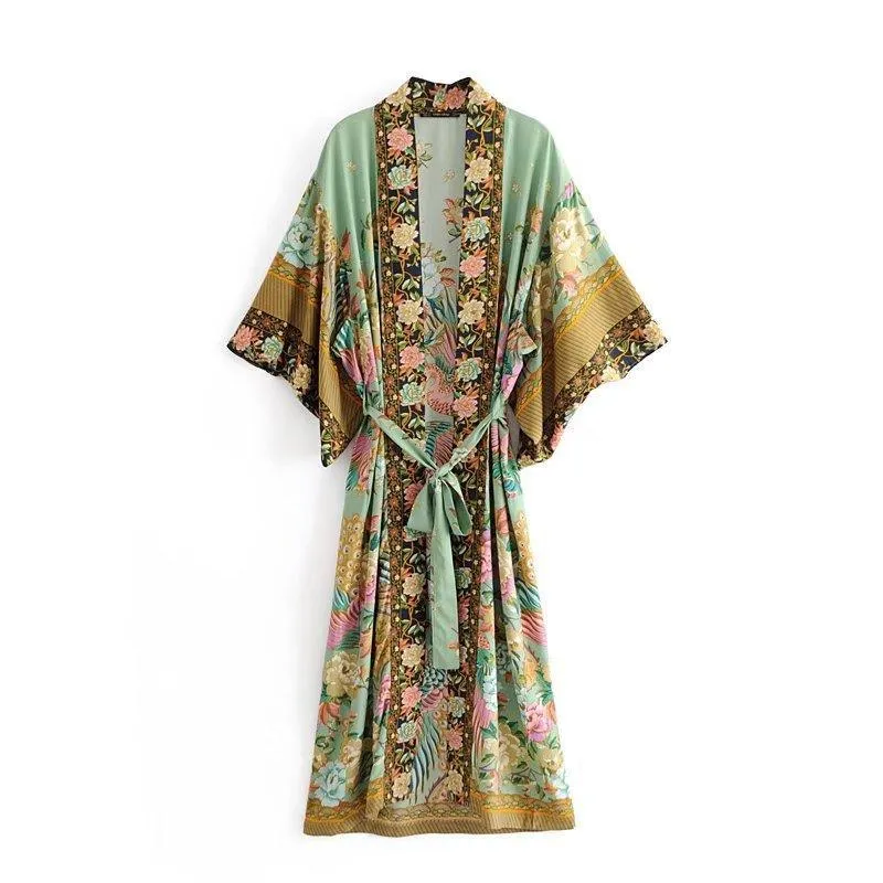 Bohemian Long Kimono, Floral Print Bat Sleeve Beach Bohemian Kimono Robe, Summer Dress Kimono, Boho Cover-Up