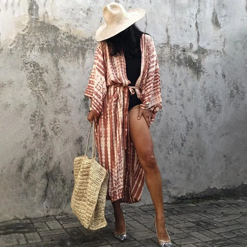 Bohemian striped Print V-neck batwing Sleeves Sashes Kimono, Kimono robe Ladies Boho Maxi Bikini Cover-up