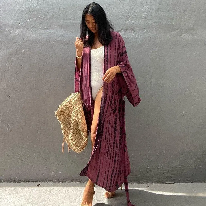 Bohemian striped Print V-neck batwing Sleeves Sashes Kimono, Kimono robe Ladies Boho Maxi Bikini Cover-up