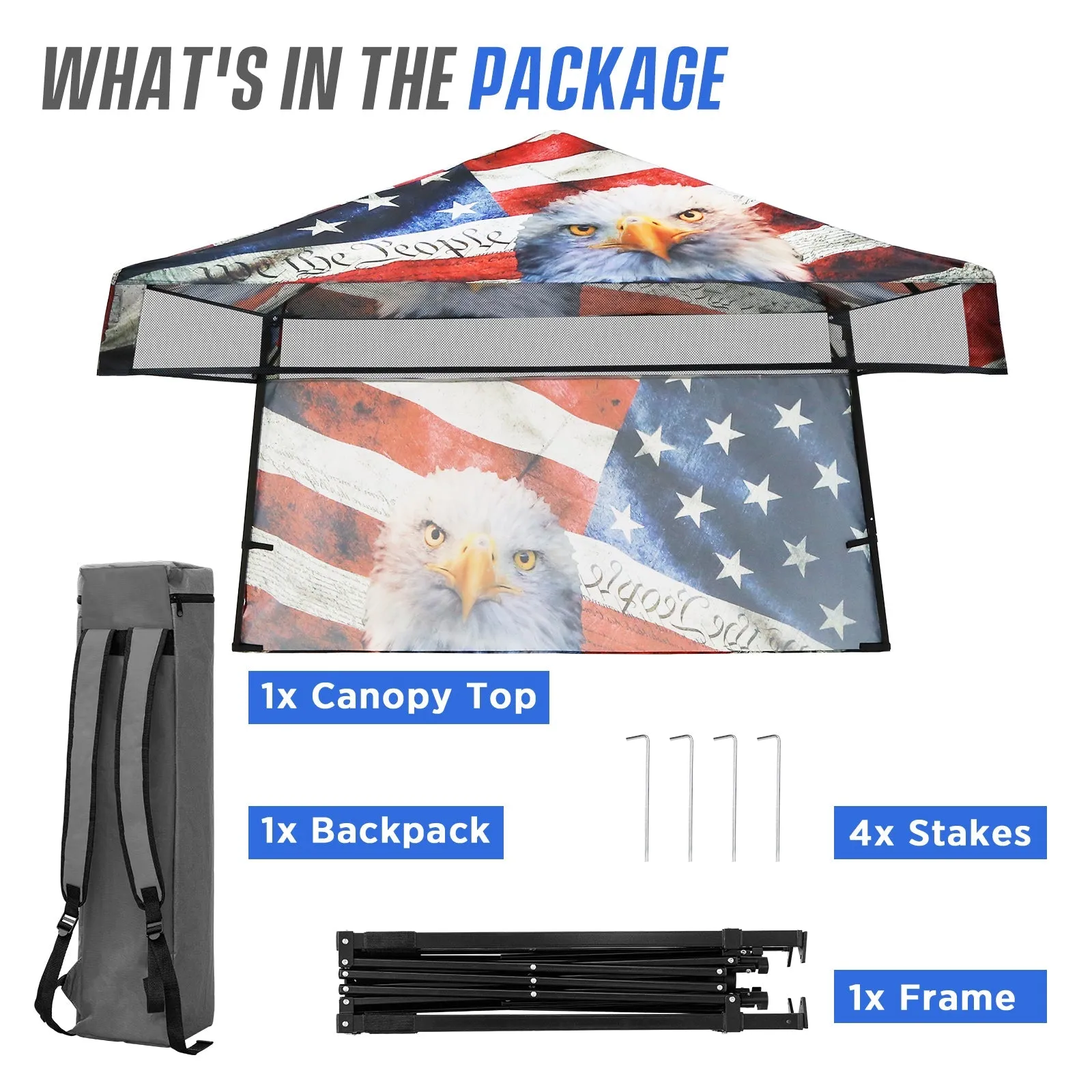 Eagle Peak SHADE GRAPHiX Day Tripper 8x8 Pop Up Canopy Tent with Digital Printed American Icon Top