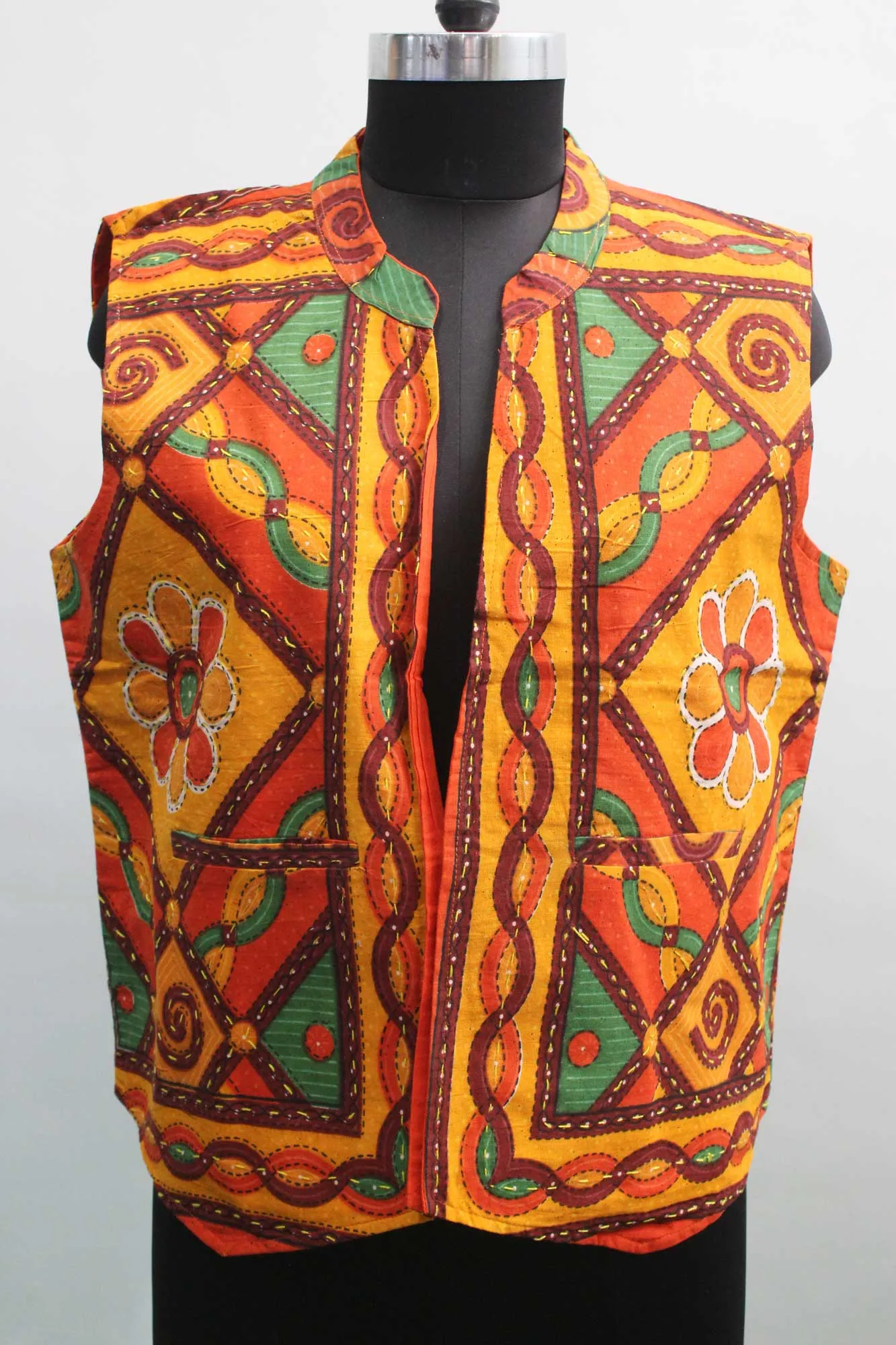 Handmade Floral Printed Sleeveless Kantha Jacket Unisex Fashion Wear Accessories