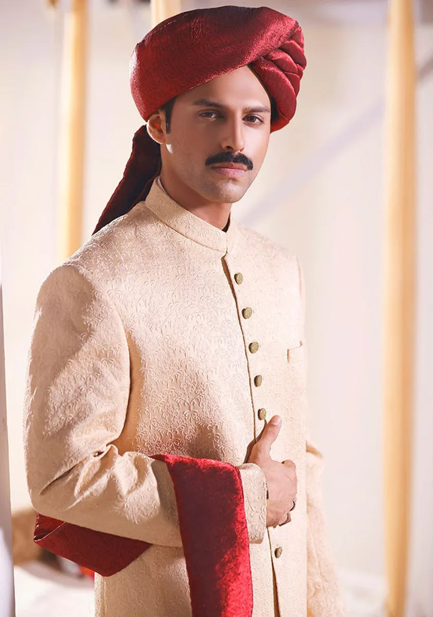 Premium Satin Beige Classic Fit Embroidered Sherwani