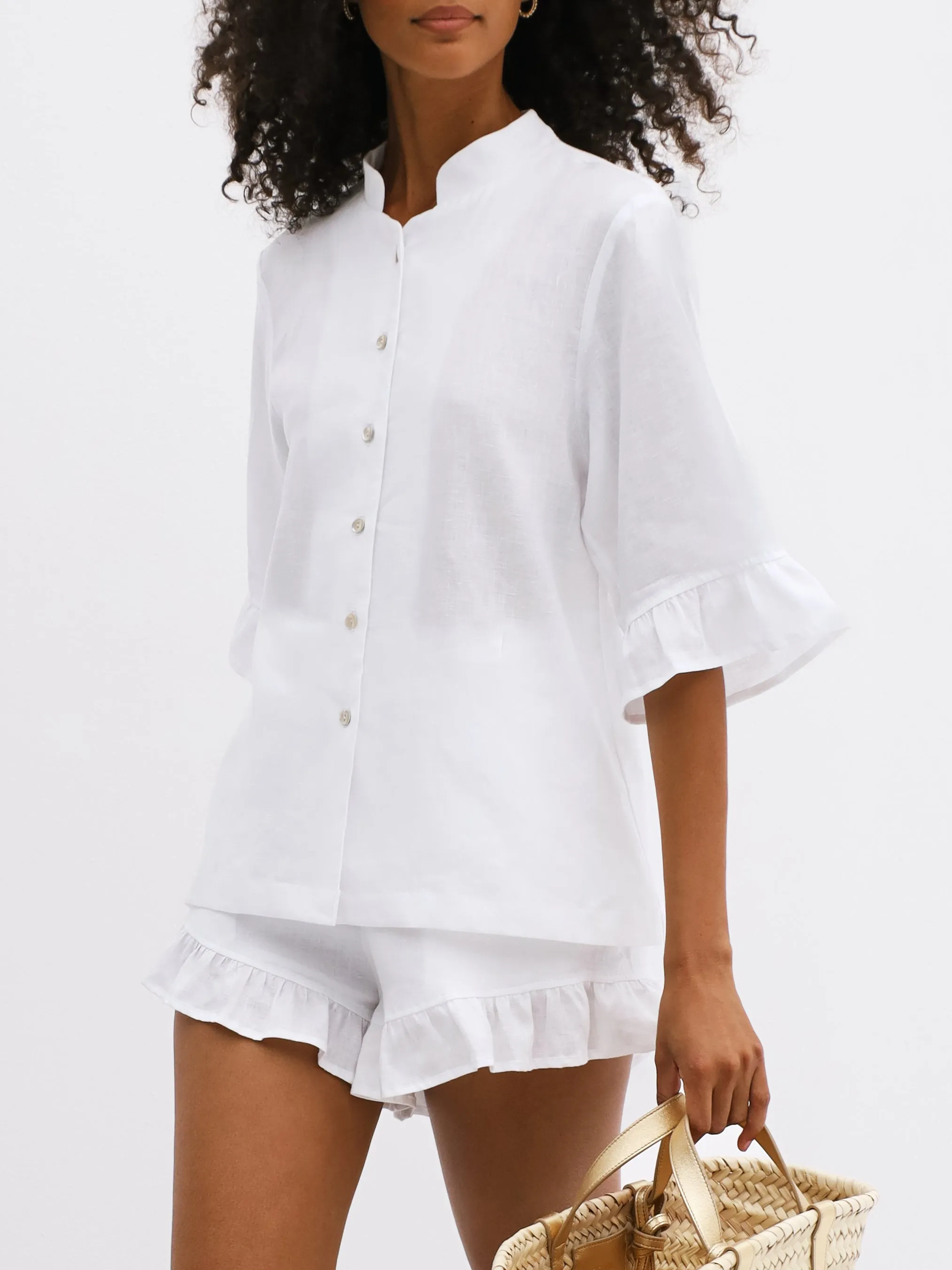 Riviera Linen Frill Sleeve Shirt | White