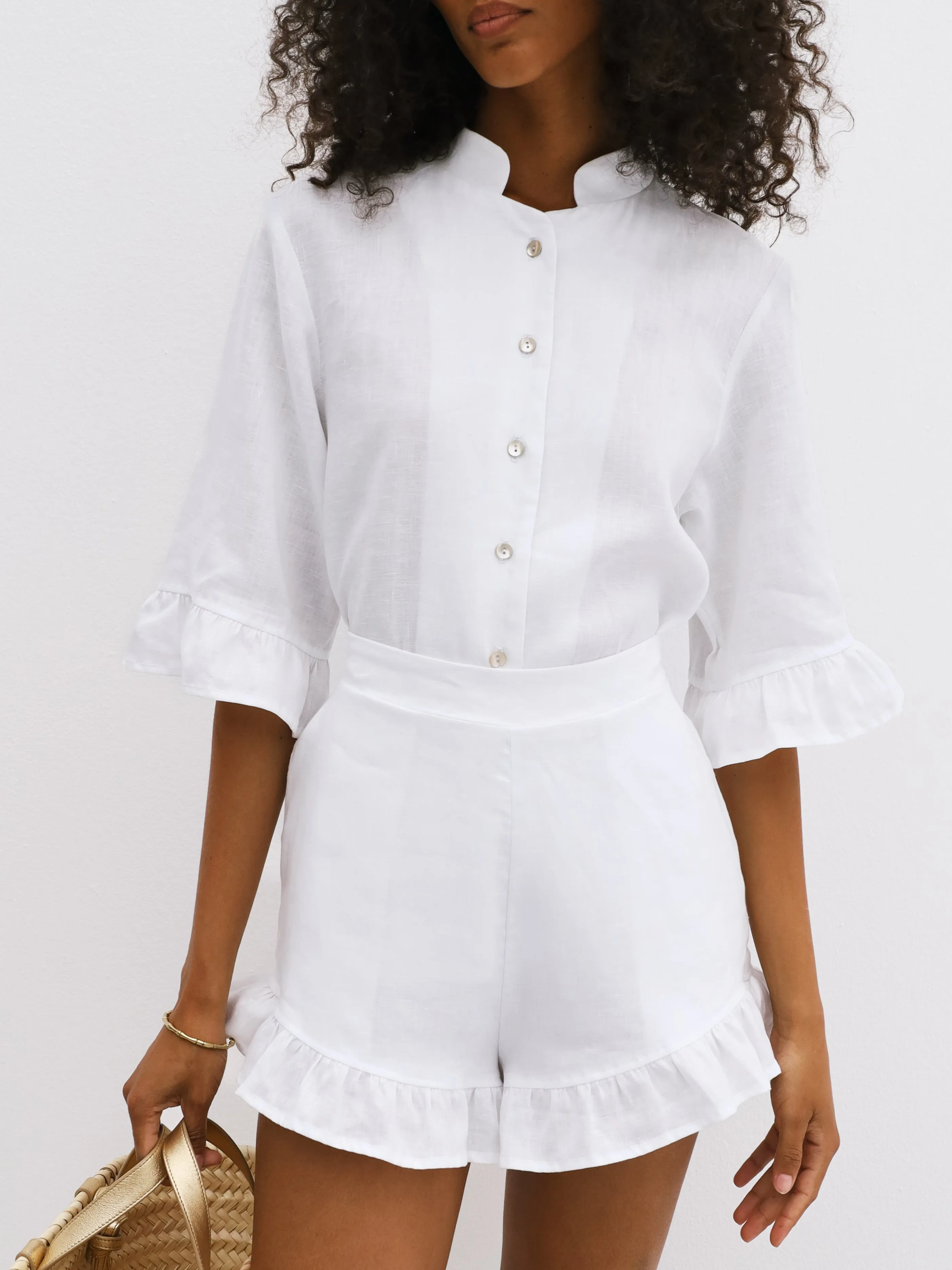 Riviera Linen Frill Sleeve Shirt | White