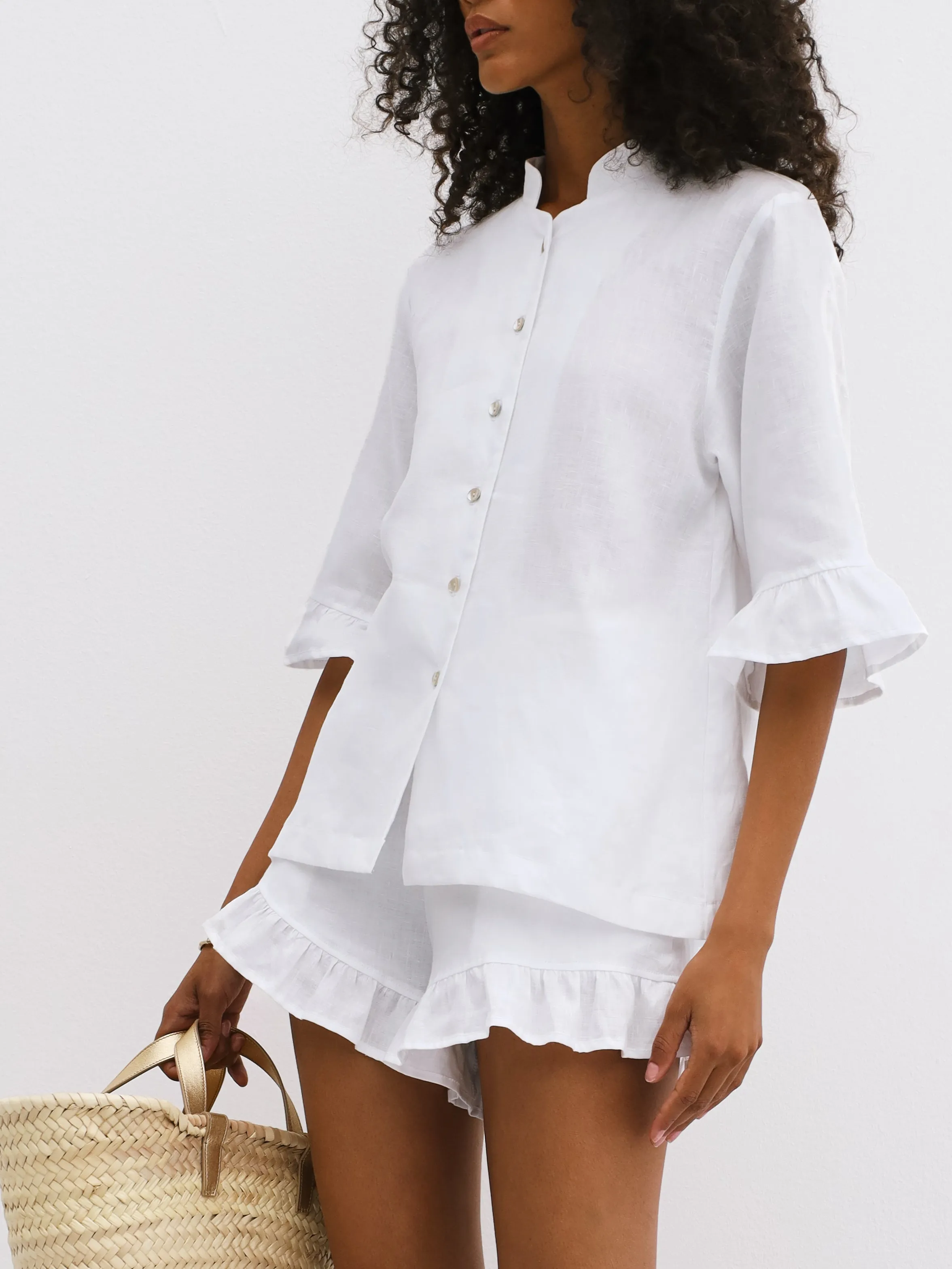 Riviera Linen Frill Sleeve Shirt | White