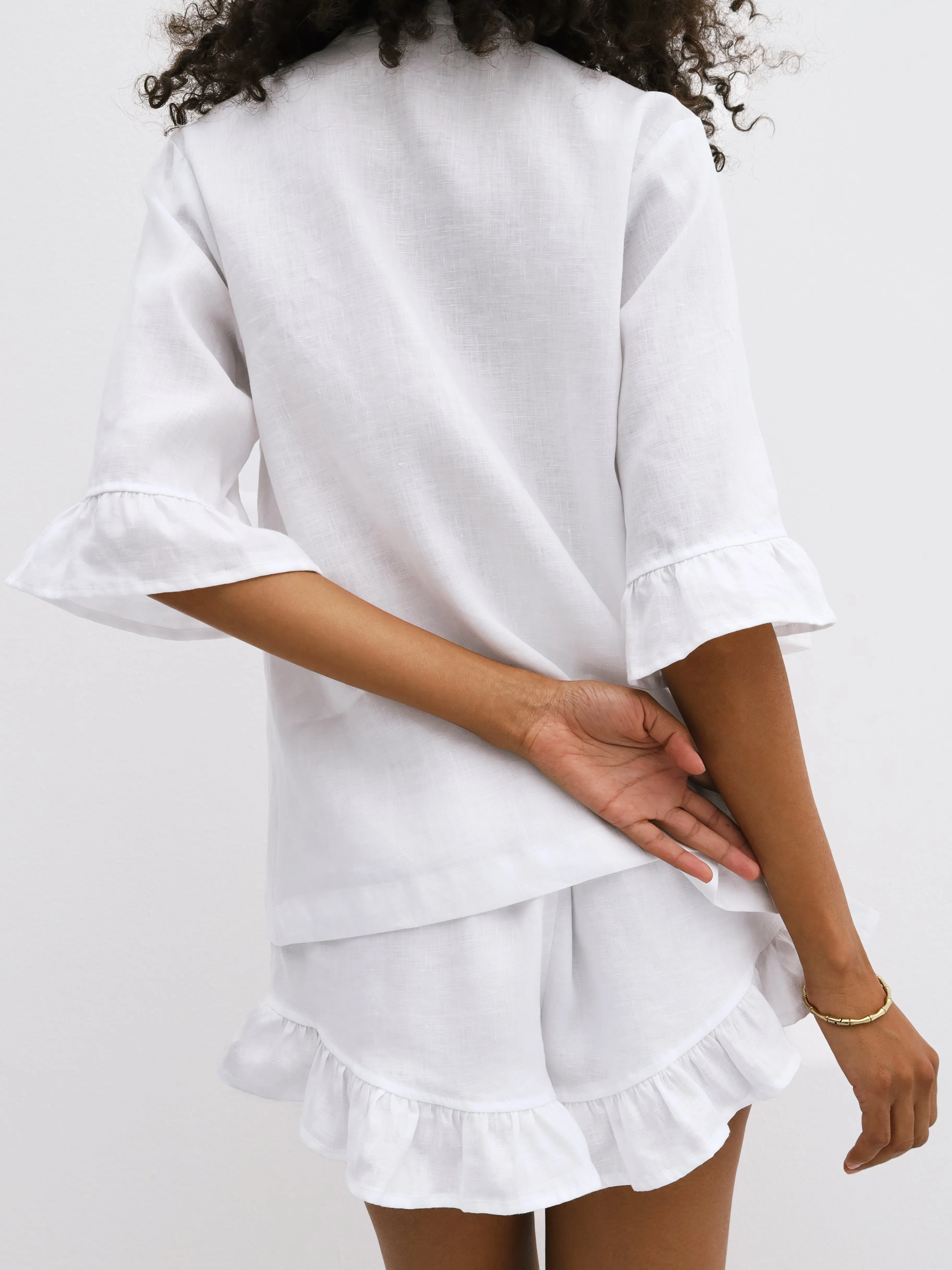 Riviera Linen Frill Sleeve Shirt | White