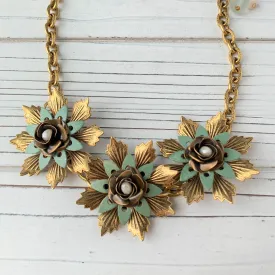 Sea Foam Metal Flower Bib Statement Necklace