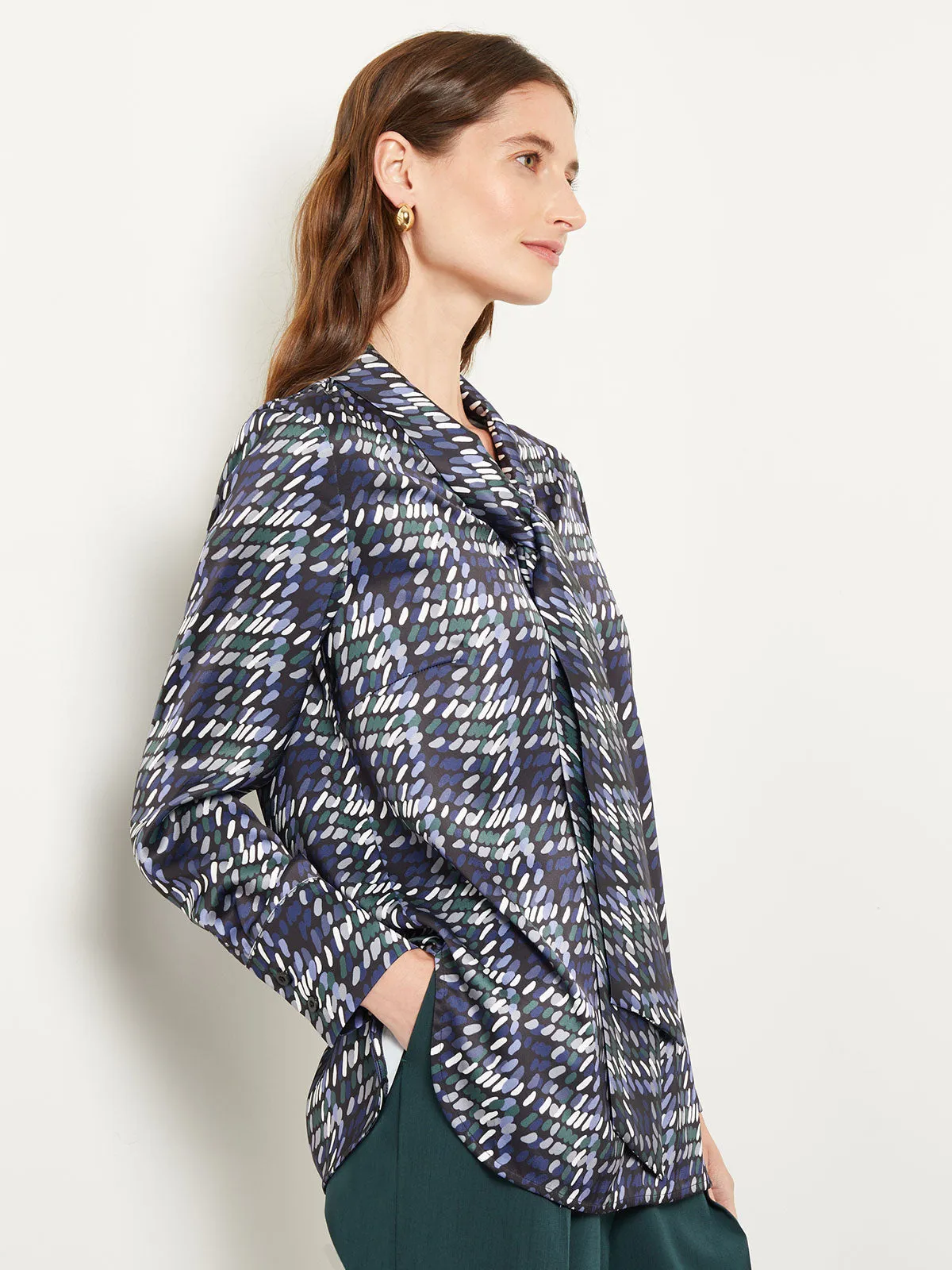 Tie Neck Crepe de Chine Printed Blouse