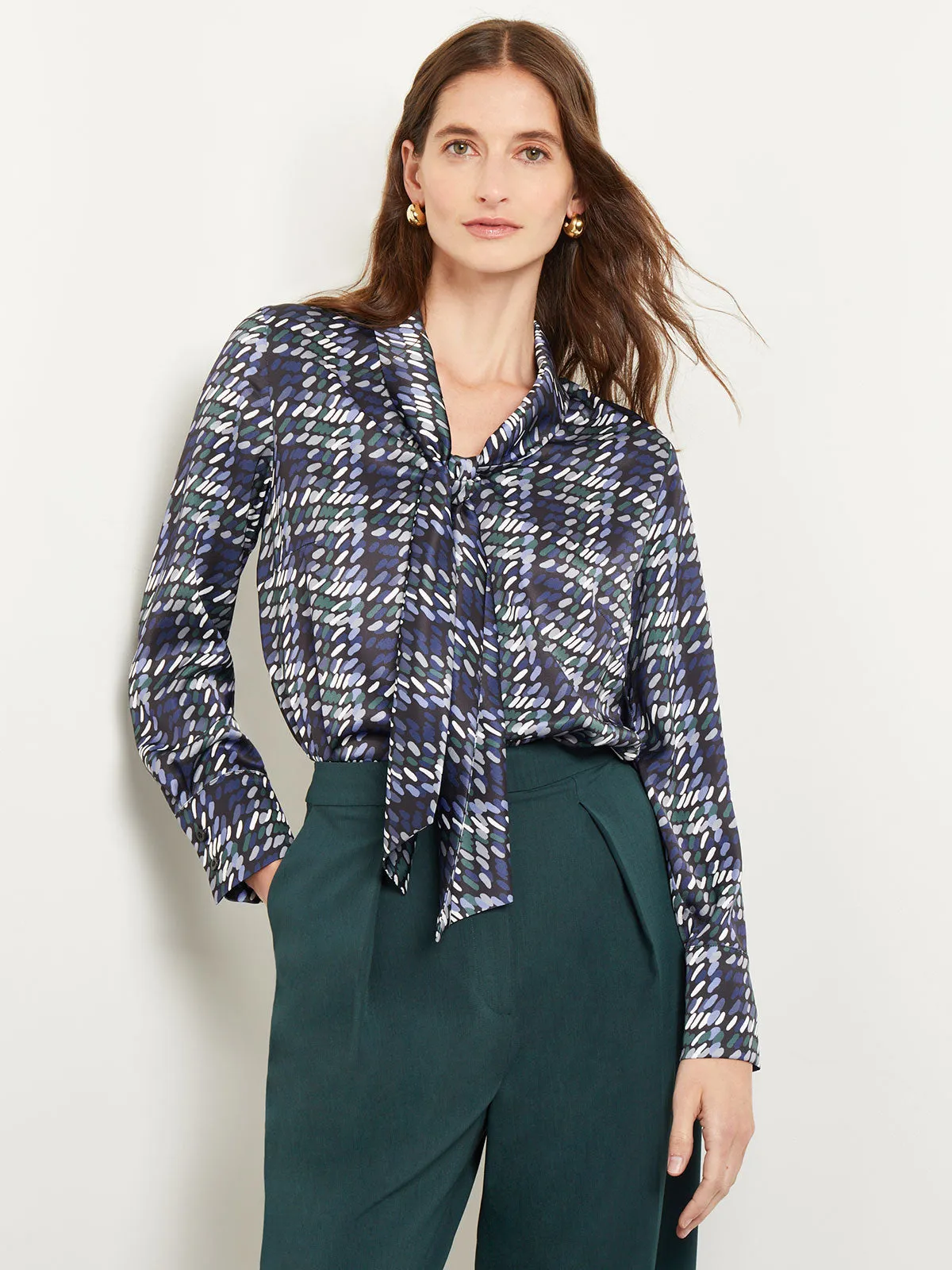 Tie Neck Crepe de Chine Printed Blouse